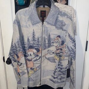 Forever 21 Disney Men's Zip-Up Sweater - Blue and Gray with Skiing Characters